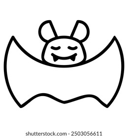 A simple line drawing of a cartoon bat with a happy expression and prominent fangs.