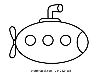 Desenho de linha simples de submarino de desenho animado com periscópio e janelas redondas. Imagem de clipart isolada no plano de fundo.