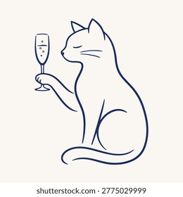 A simple line drawing of a cat holding a champagne glass