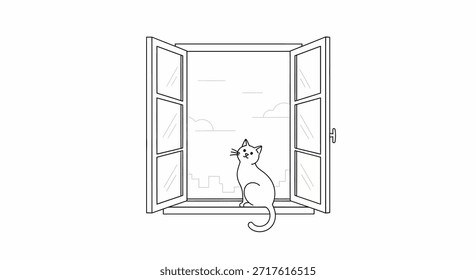 Dibujo de línea simple de un gato sentado en una ventana todavía mirando el horizonte de la ciudad con nubes en el cielo. La ventana abierta permite una vista serena del entorno urbano, capturando un momento de