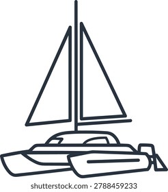 A simple line drawing of a catamaran sailboat, featuring twin hulls and triangular sails, perfect for nautical themes.