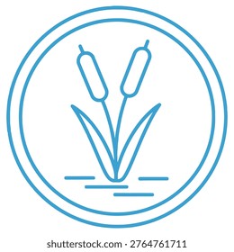Simple line drawing of cattail plant in water, circle icon