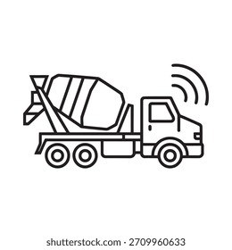 Um simples desenho de linha de um caminhão misturador de cimento. Ondas de sinal emanam da cabina, sugerindo comunicação ou um sinal.