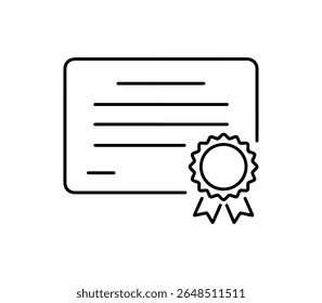 Um simples desenho em linha de um certificado com um selo, isolado sobre fundo branco