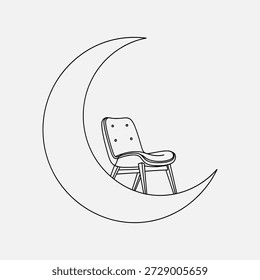 Un simple dibujo de línea de una silla sentada en una luna creciente, contorno negro minimalista sobre fondo blanco.