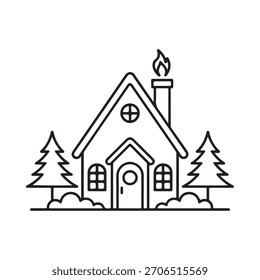 Um simples desenho em linha de uma charmosa cabine com uma chaminé de fumadores, ladeada por duas árvores e arbustos sempre verdes.