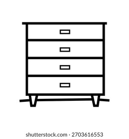El dibujo de línea simple de un cofre muestra un cofre de cuatro cajones en negro sobre un fondo blanco. Los cajones tienen tirones rectangulares Pequeños.