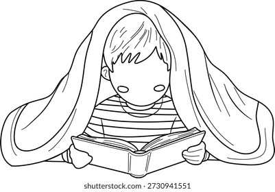 Um simples desenho de linha de uma criança envolvida na leitura de um livro enquanto coberta por um cobertor.