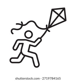 Un dibujo de línea simple de un niño corriendo y volando una cometa de diamante