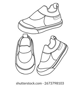 Dibujo de línea simple de un deslizamiento de los niños en el zapato mostrado desde tres ángulos diferentes