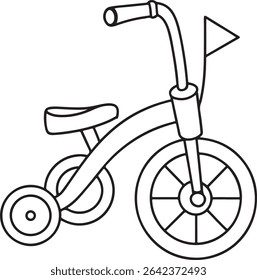 A simple line drawing of a child's tricycle with a flag, perfect for coloring pages, children's books, or educational materials. Clean lines and a classic design.