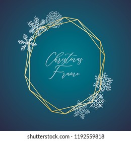 Simple Line Drawing Christmas Frame Border with Hand Drawn Doodle Snowflakes with Gem Gold Geometric Shape. Decorative Outlined Vector Illustration. Design Element.