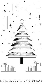  A simple line drawing of a Christmas tree with presents, on a white background, minimalistic, with negative space, in black and white, hand-drawn, in a clipart style, Vector graphic design.