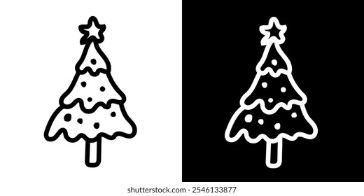 Desenho de linha simples de uma árvore de Natal com uma estrela no topo, apresentado em ambas as versões preto e branco.