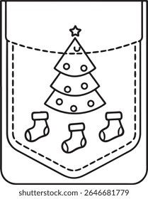 A simple line drawing of a Christmas tree with ornaments and a star, nestled in a pocket with three festive stockings, isolated on white background.