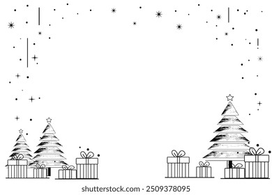 Un simple dibujo de líneas de árboles de Navidad y regalos en el lado derecho, con espacio en blanco para el texto. El diseño incluye estrellas y copos de nieve a su alrededor. Ilustración vectorial