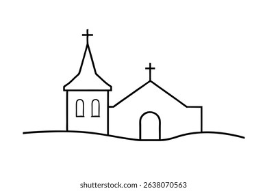 Simple line drawing of a church on a hill