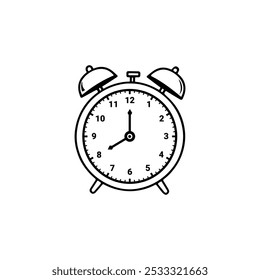 A simple line drawing of a classic alarm clock with bells, showing the time at 8 o'clock. The clock face has Roman numerals and hands.