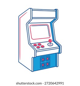 Un dibujo de línea simple de una máquina de juego arcade clásica en azul y rojo