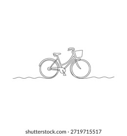 Simple line drawing of a classic bicycle with a front basket on a wavy line