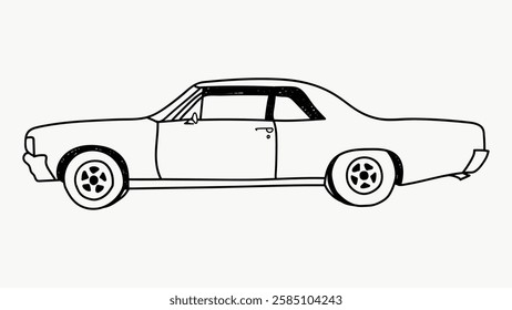 Simple line drawing of a classic car in side view. The car's outline is minimalistic, showcasing its vintage design. Classic car illustration in black and white. Simple line art vector.