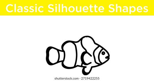 Un simple dibujo de línea de una silueta de pez payaso, aislado sobre un fondo blanco con un Anuncio amarillo arriba.

