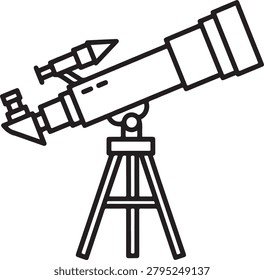 Simple line drawing of a classic telescope mounted on a sturdy tripod, ready for stargazing or astronomy use.