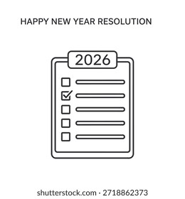 Um simples desenho de linha de uma área de transferência com o ano de 2026 no topo e uma lista de verificação abaixo. Um item da lista está marcado.