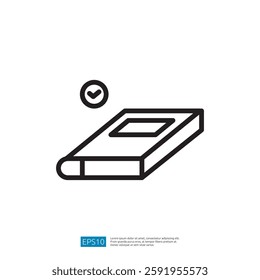A simple line drawing of a closed book with a checkmark above it, symbolizing approval or completion.