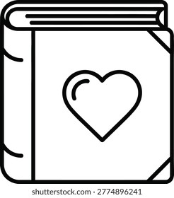 A simple line drawing of a closed diary or journal with a heart symbol on the cover, representing love and personal thoughts.