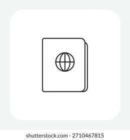 Un simple dibujo de línea de un pasaporte cerrado con un símbolo de globo terráqueo en la portada.