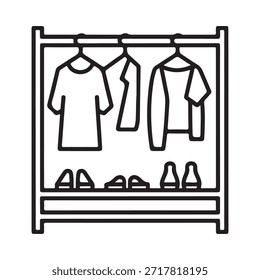 Un simple dibujo de línea de un perchero con prendas y zapatos colgantes