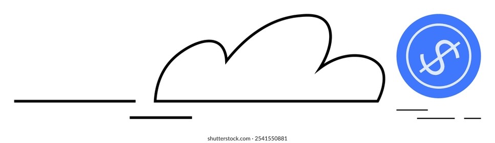 Dibujo de línea simple de una nube con un círculo azul que contiene un símbolo de dólar. Ideal para cloud computing, gestión de costes, integración financiera, soluciones digitales, estrategias tecnológicas. Minimalista