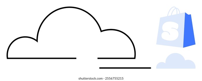 Simple line drawing of a cloud and blue shopping bag. Ideal for e-commerce, online shopping, cloud services, digital marketplaces, and technology. Clean minimal style