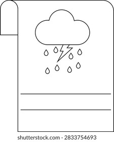 A simple line drawing of a cloud raining with a lightning bolt striking down.