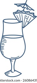 A simple line drawing of a cocktail glass with a small umbrella. The illustration depicts a beverage in a tall glass adorned with a decorative parasol. Cartoon vector illustration.