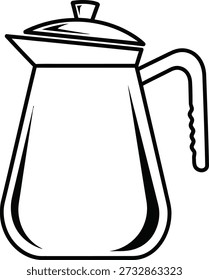 Un dibujo de línea simple de una jarra de café con un mango y tapa, representado en líneas negras sobre un fondo blanco