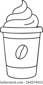 A simple line drawing of a coffee cup with whipped cream and a coffee bean symbol on the side.