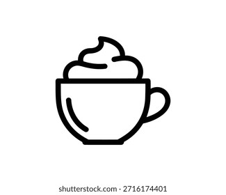 Un simple dibujo de línea de una taza de café coronada con crema batida, perfecto para su uso como un icono o elemento gráfico en los diseños.