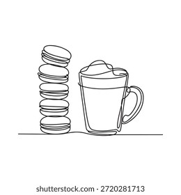 Simples desenho de linha de uma xícara de café e pilha de cookies