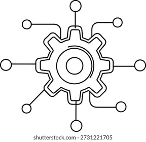 Um desenho de linha simples de uma roda dentada com múltiplos nós ligados a ela, simbolizando um processo mecânico ou técnico. A roda dentada é centrada e tem uma forma circular com dentes em torno de sua borda. Os nós são distribuídos uniformemente em torno da roda dentada, conectados por linhas, sugerindo um sistema ou rede.