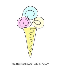A simple line drawing of colored ice cream in a cone