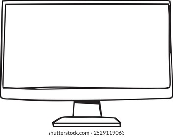 Dibujo de línea simple de un monitor de computadora con una pantalla en blanco que muestra un diseño minimalista y básico.