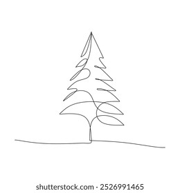 Desenho simples em linha de uma árvore de coníferas, assemelhando-se a uma árvore de Natal com elementos decorativos, mostrando arte de férias minimalista