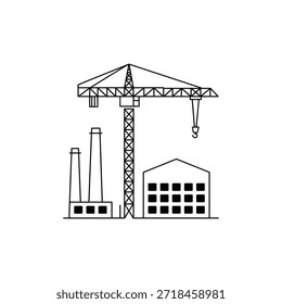 Dibujo de línea simple de una grúa de construcción y edificios industriales