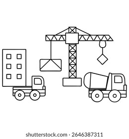 Einfache Linienzeichnung einer Baustelle mit einem Kran, einem Lastwagen mit einem Gebäude und einem Zementlastwagen.
