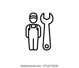 Un simple dibujo de línea de un trabajador de la construcción con una llave inglesa
