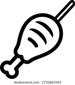 A simple line drawing of a cooked chicken leg on a stick, with three curved lines indicating grill marks