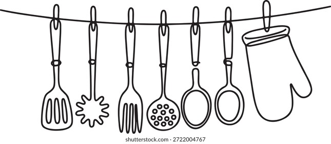 Desenho de linha simples de ferramentas de cozinha como espátula batedor fenda colher concha e luva de forno pendurado de corda. Ilustração de vetor de acessórios de cozinha desenhados à mão para conceito de cozinha e preparação de alimentos.