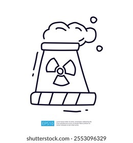 A simple line drawing of a cooling tower with a radiation symbol, emitting smoke, representing nuclear energy or industrial processes.